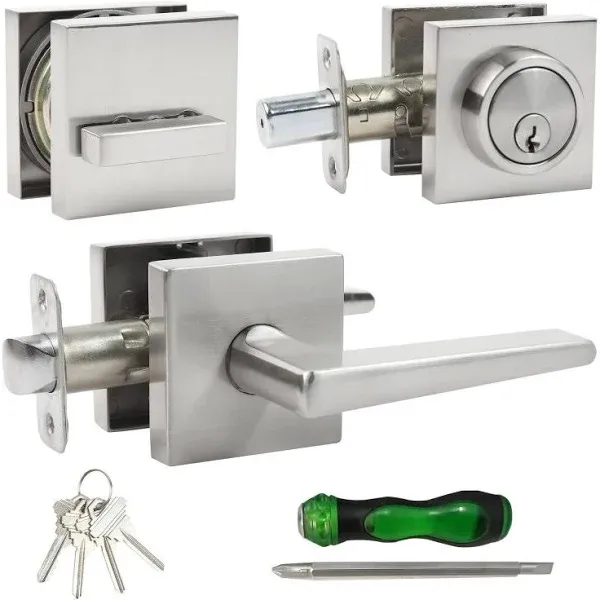 Front Door Handle and deadbolt Set,Passage Door Lever with Single Cylinder Deadbolt Lock Set, Square Heavy Duty Door Handle with Dead Bolt Locks for Exterior Doors(Brushed Nickel,1pack)