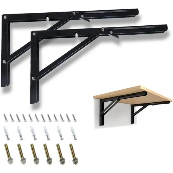 8" Folding Shelf Bracket Carbon Steel Triangle Wall Mount Support Black Heavy Duty Paint Bench Table Shelf Brackets 90 Degree Hinge Shelves Tables 132 lb / 60KG Load Pack of 2