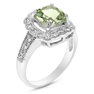 1 Cttw 7mm Green Amethyst Ring .925 Sterling Silver With Rhodium Cushion Cut