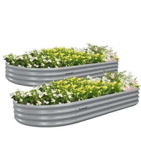 2 Pack 8x4x1FT Galvanized Raised Garden Bed Kit Oval Metal Ground Planter Box Outdoor Bottomless Planter Raised Beds for Vegetables Flowers Herbs Fruits, Gray