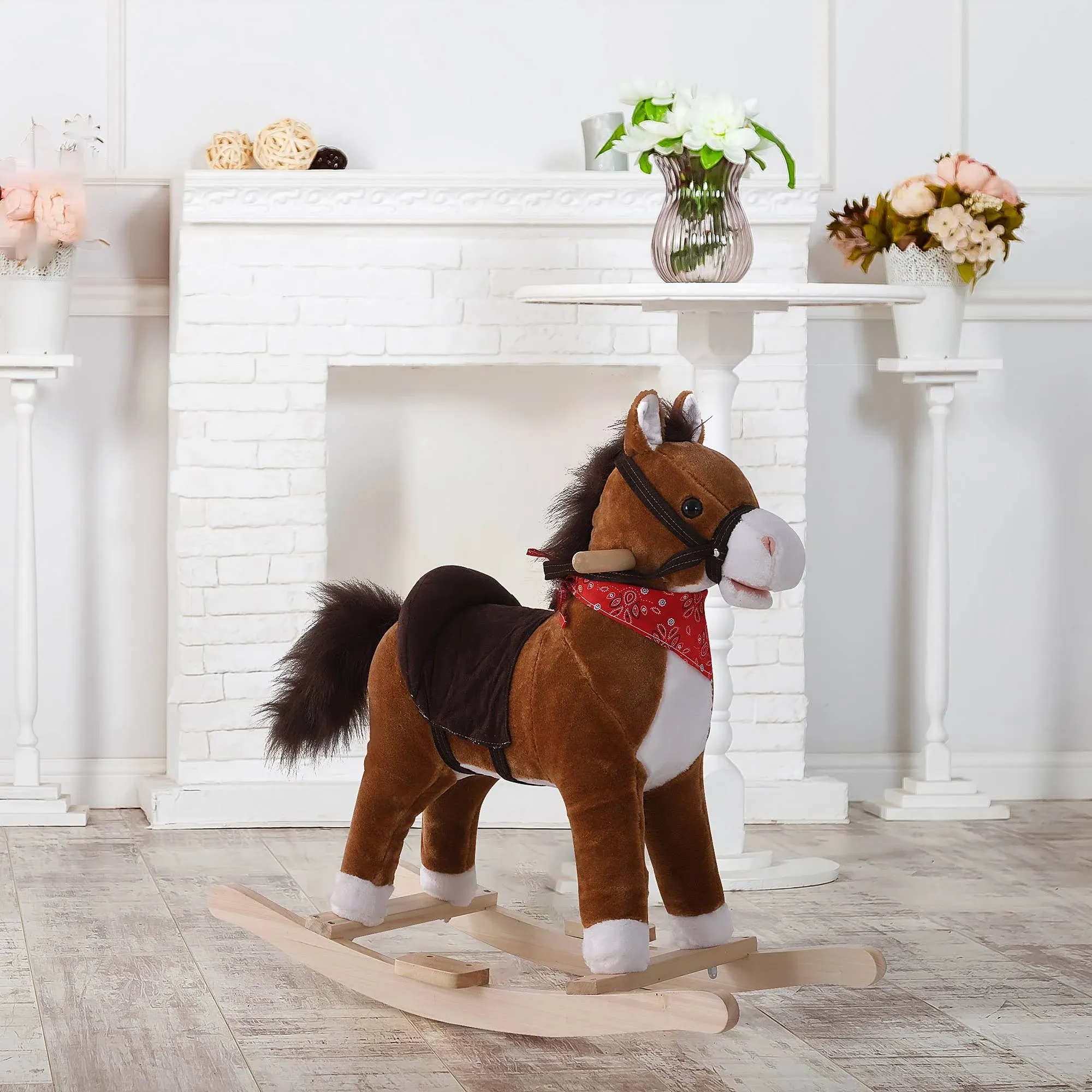 Qaba Kids Ride on Rocking Horse Plush Toy with Realistic Sounds and Red Scarf for Over 3 Years Old Birth Gift