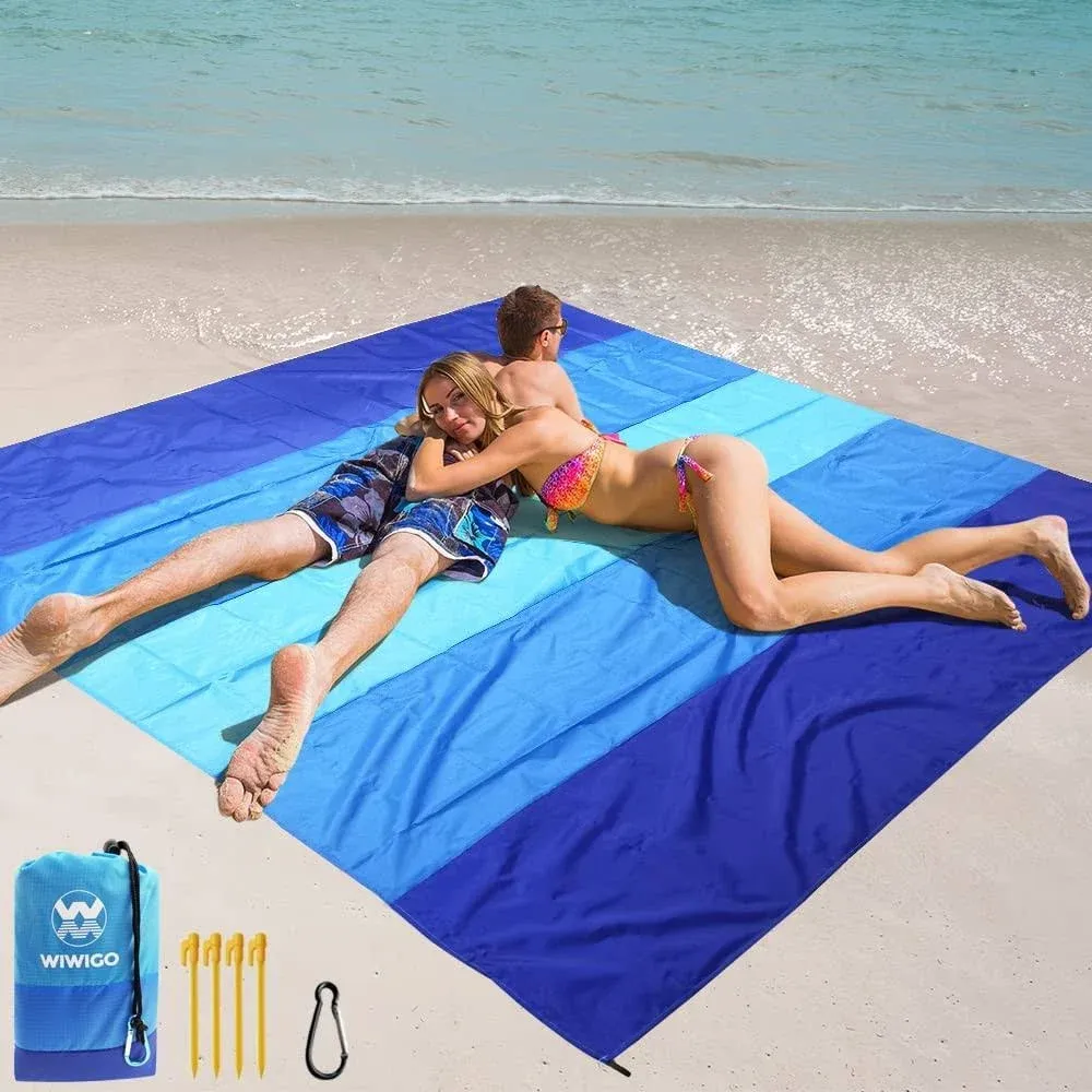 WIWIGO Beach Blanket, Sandproof Beach Mat 79" x 83" /10'x9'for 2-8 Adults Waterproof Quick Drying Outdoor Picnic Mat for Travel, Camping, Hiking