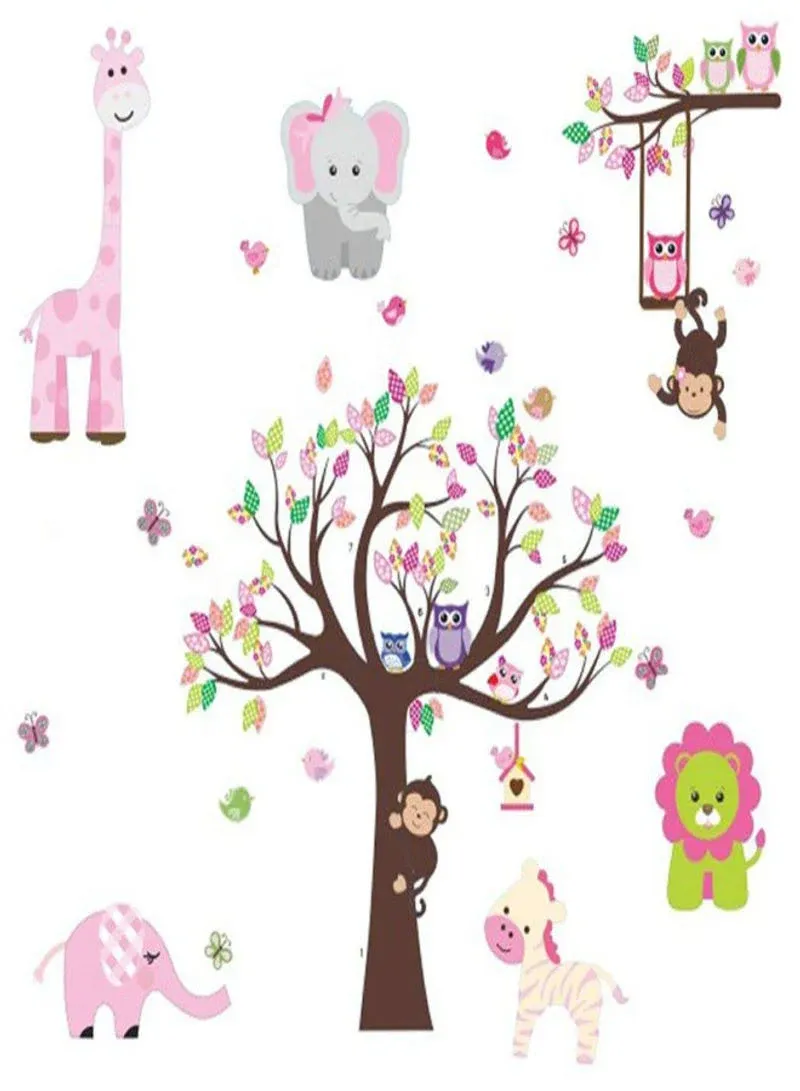 DEKOSH Kids Pink Jungle Theme Peel & Stick Girl Nursery Wall Decal, Colorful Owl Giraffe Lion Tree Decorative Sticker for Baby Bedroom, Playroom