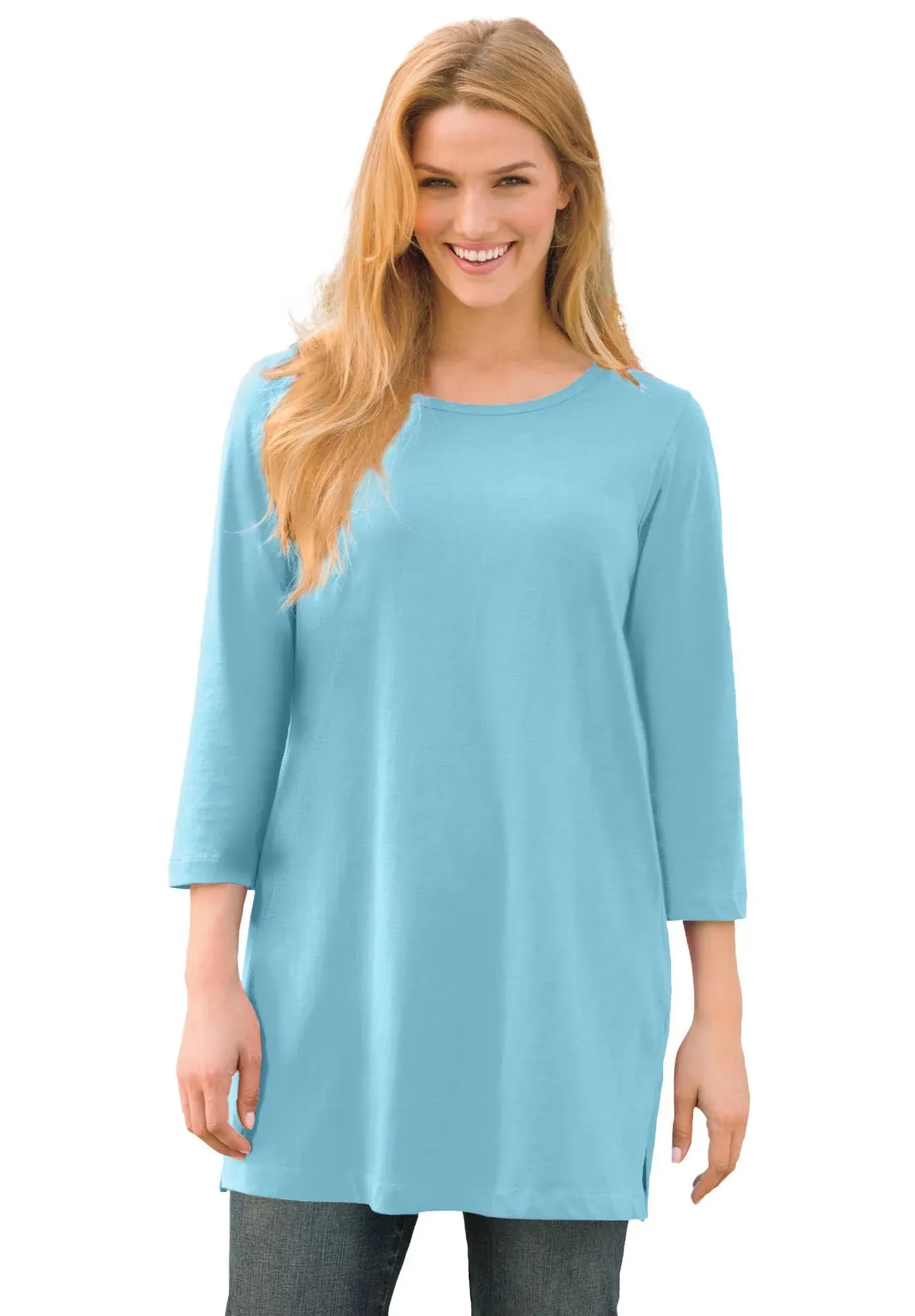 Woman Within Women's Plus Size Perfect Three-Quarter-Sleeve Scoopneck Tunic - M, Waterfall