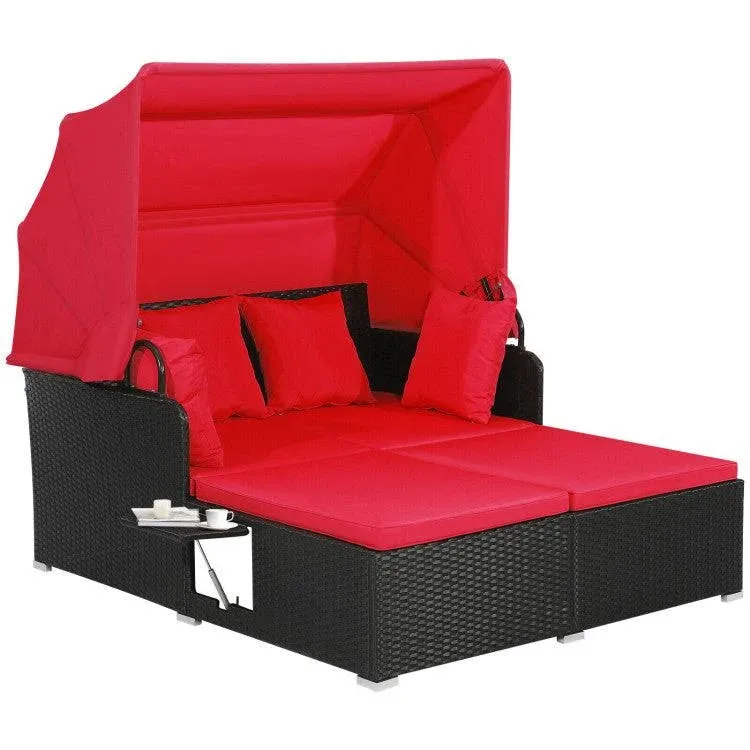 Patio Rattan Daybed with Retractable Canopy and Side Tables-Red | Costway