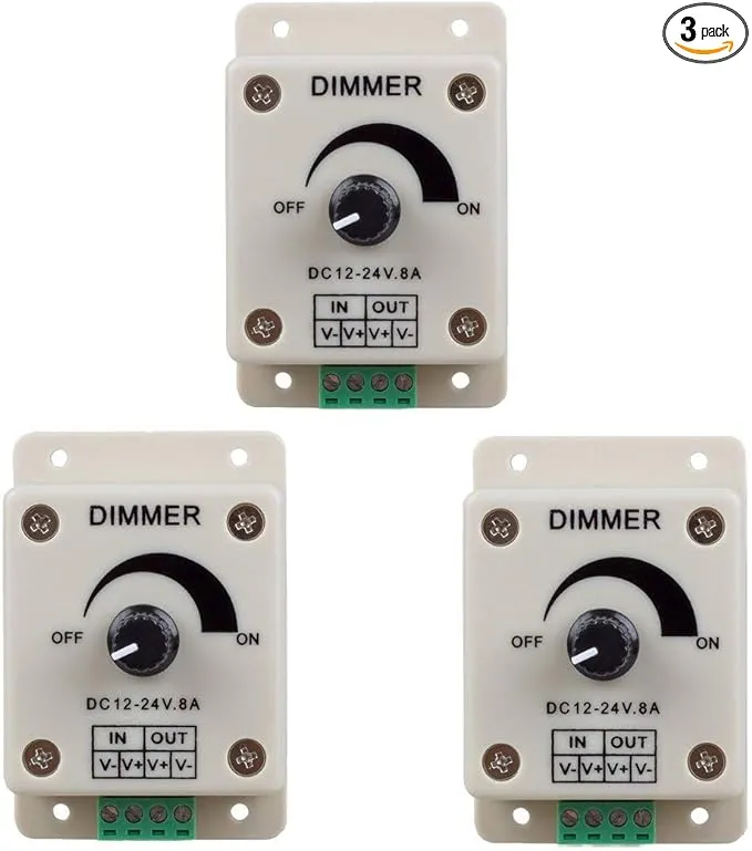 Hiletgo 3pcs DC12-24V 8Amp 0%-100% PWM Dimming Controller for LED Lights, Ribbon Lights,Tape Lights,Dimmer is compatible with Hilight, LEDwholesaler, fillite, and others' strips