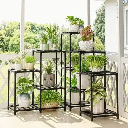 Bamworld Plant Stand Indoor Outdoor Corner Shelf 11 Potted Large Holder for Multiple Plants Wooden Tall Stands Combo Table Rack Garden Patio Lawn Window