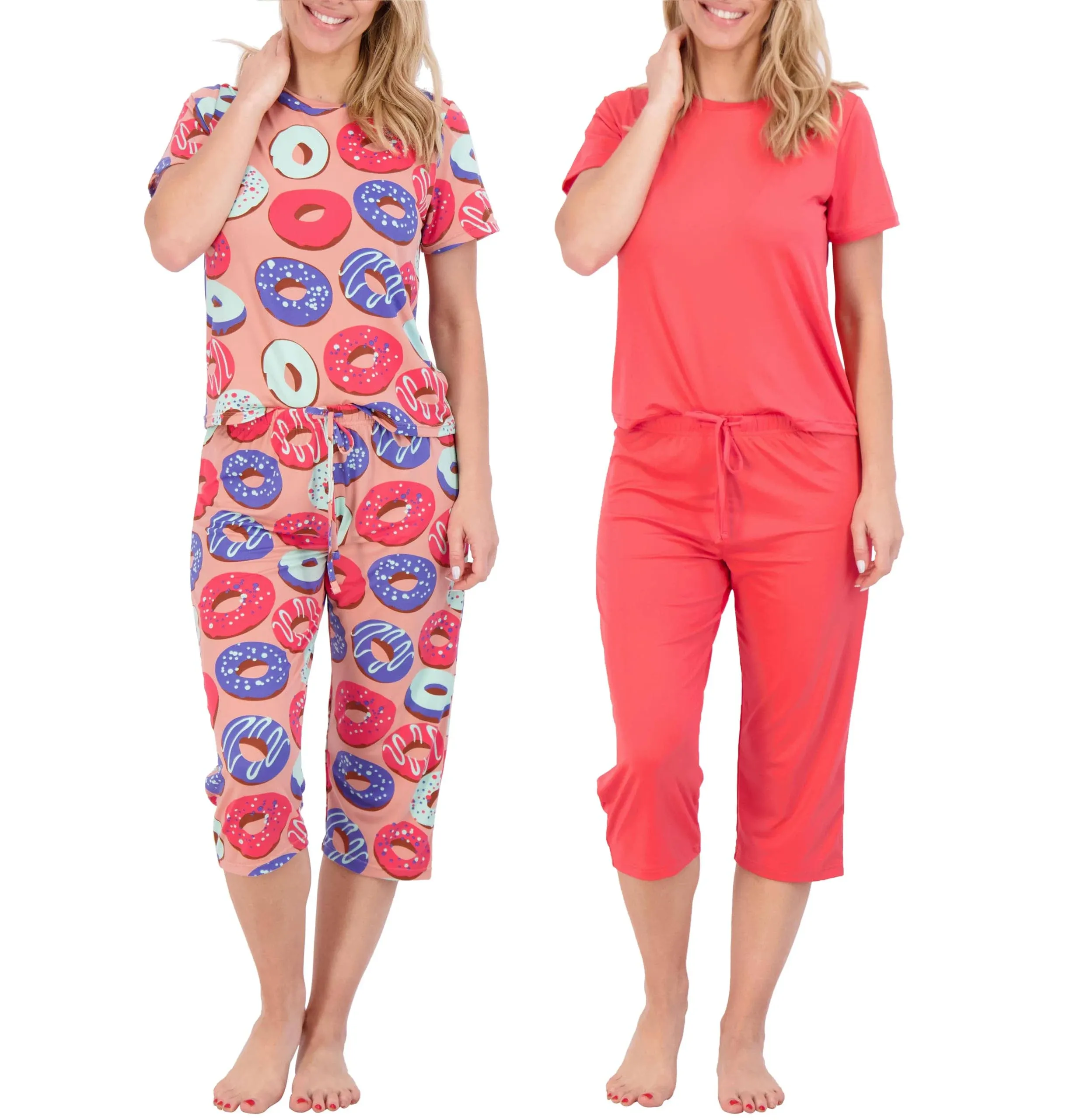 Real Essentials 2 Pack: Womens Short-Sleeve Pj Top with Capri Pants - Pajama ...