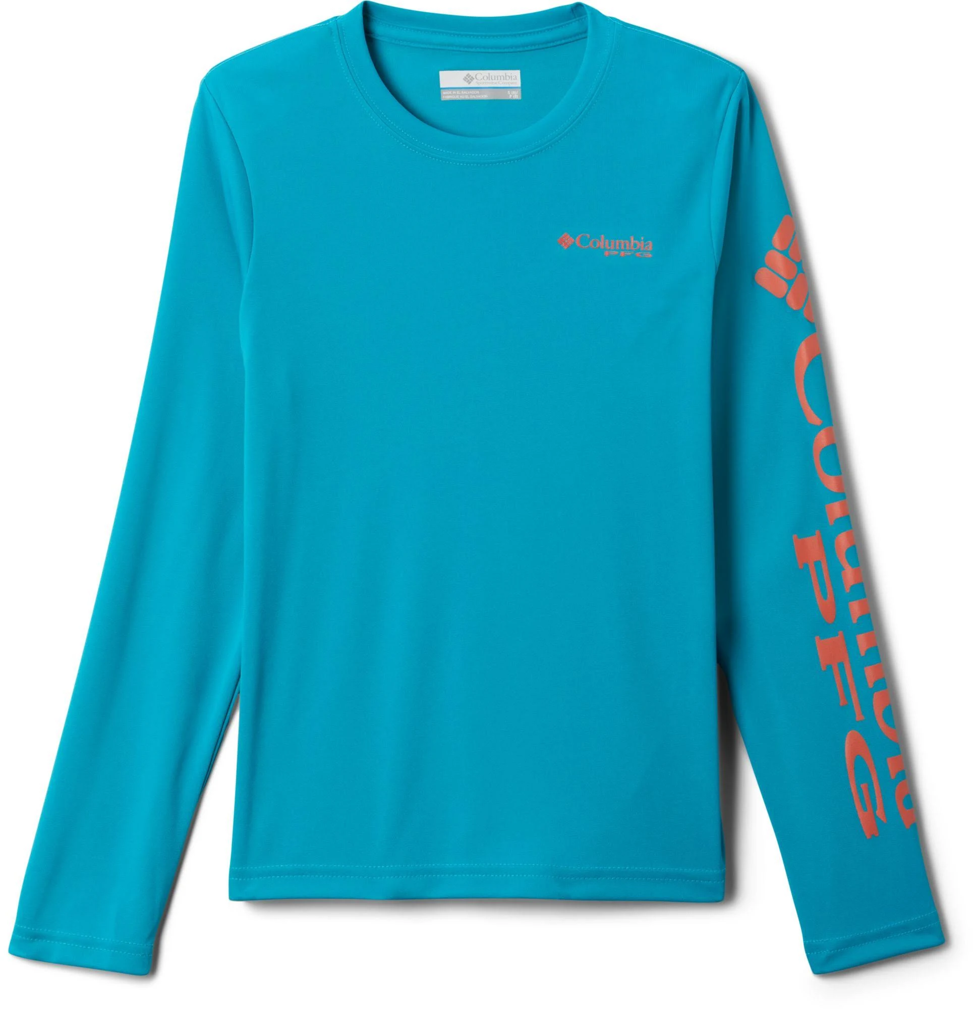 Columbia Youth PFG Terminal Tackle Long Sleeve Shirt (Ocean Teal/Corange Logo, XL)