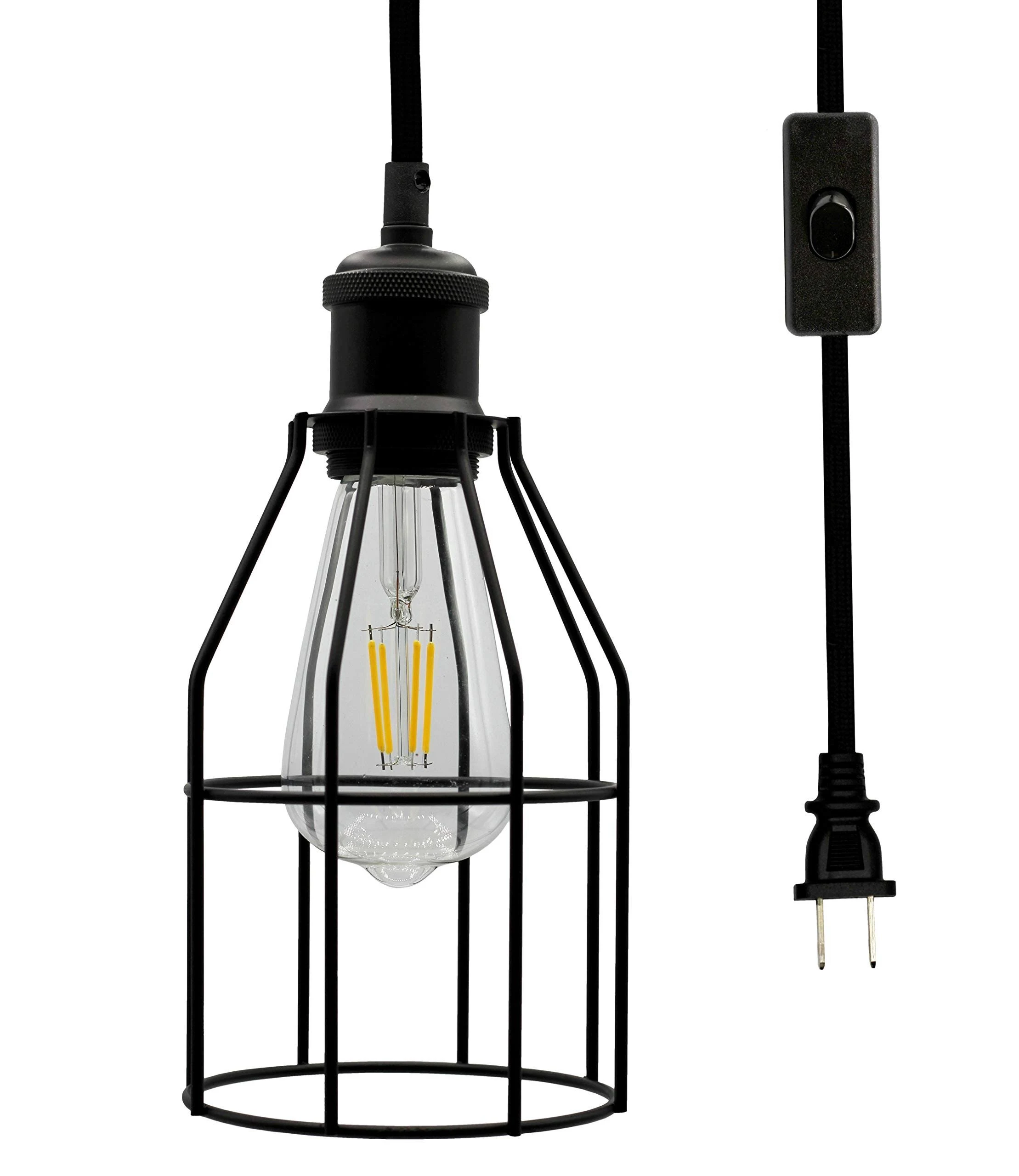  Industrial Hanging Pendant Light with Plug-in Cord | Vintage Wire Cage Black