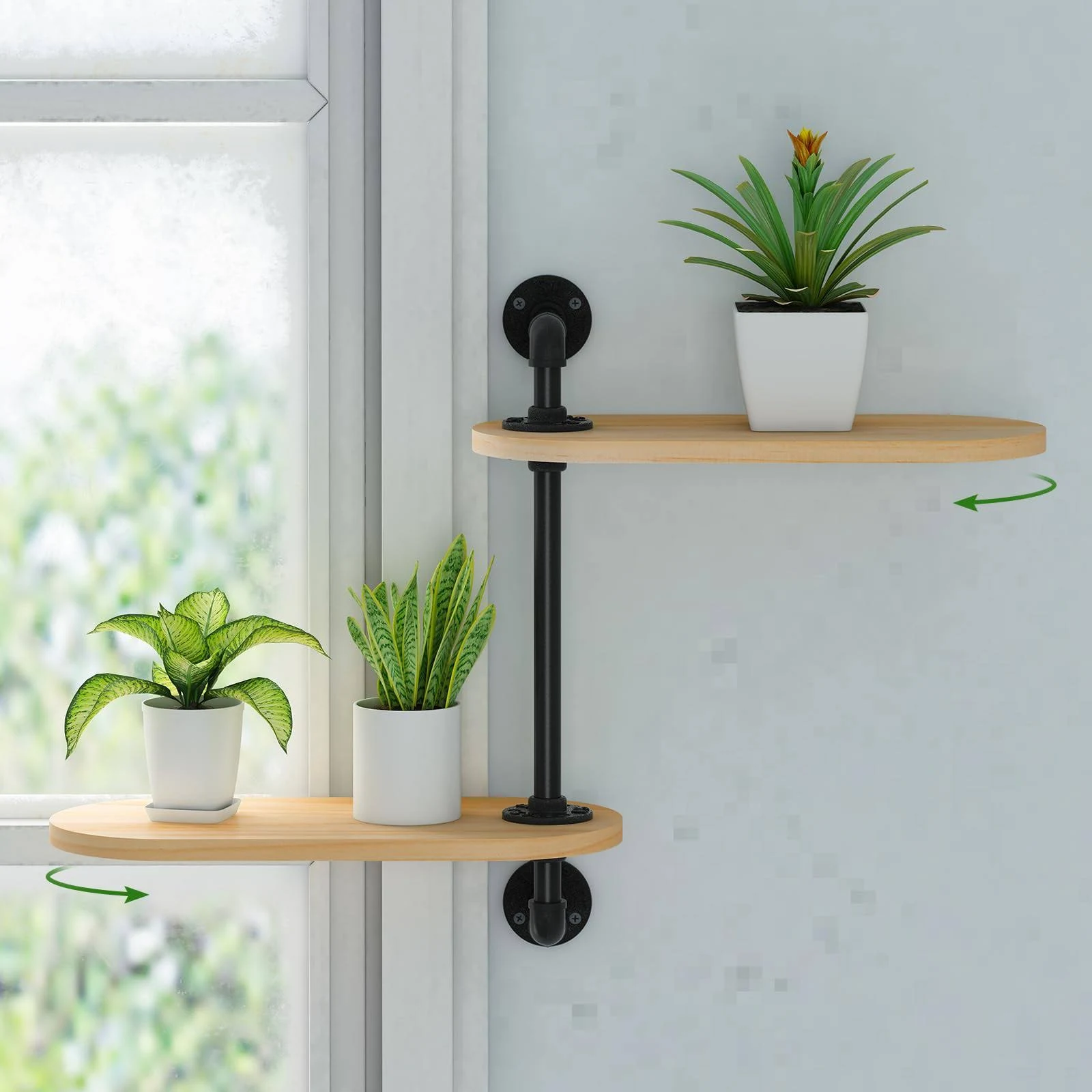 Window Rotating Plant Shelf - 2-Tier Wooden Indoor Plant Stand, 16 inches for Optimal Light Exposure, Wooden Window Shelf for Small Spaces - Ideal for Growing Herbs, Flower Pot Organizer and Storage