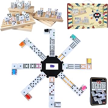 Mexican Train Dominoes Set with 8Pcs Wooden Trays/Rack/Hol<wbr/>der, 91 Tiles