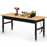 Betterhood Adjustable Height Workbench 60" Rubber Wood Heavy Duty Workstation with Power Outlets