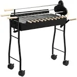 Outsunny Portable Charcoal BBQ Grills Steel Rotisserie Outdoor Cooking Height Adjustable with 4 Wheels Large/Small Skewers Portability for Patio, Backyard, Black