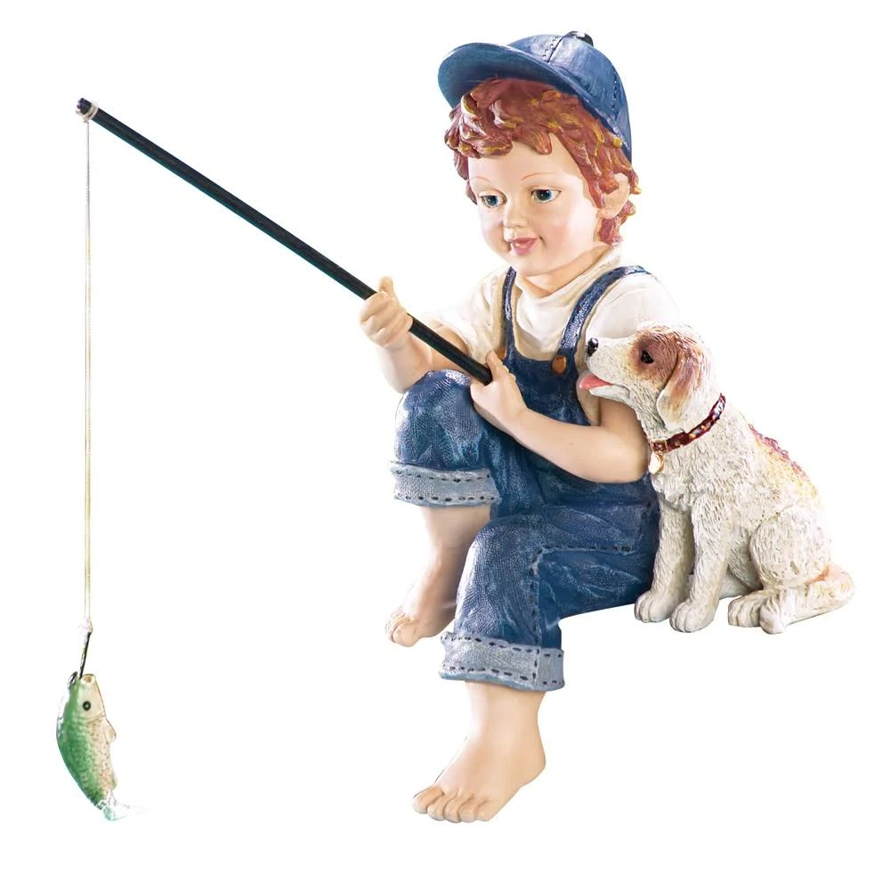 Little Boy Fishing Outdoor Garden Pond Sculpture Blue