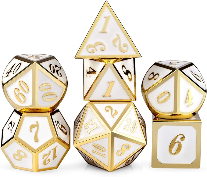 DnDnD White with Gold Number DND Dice Sets,Solid Metal Die with Free Gorgeous Metal Tin for Dungeons and Dragons D&D Role Playing Game Tabletop Games