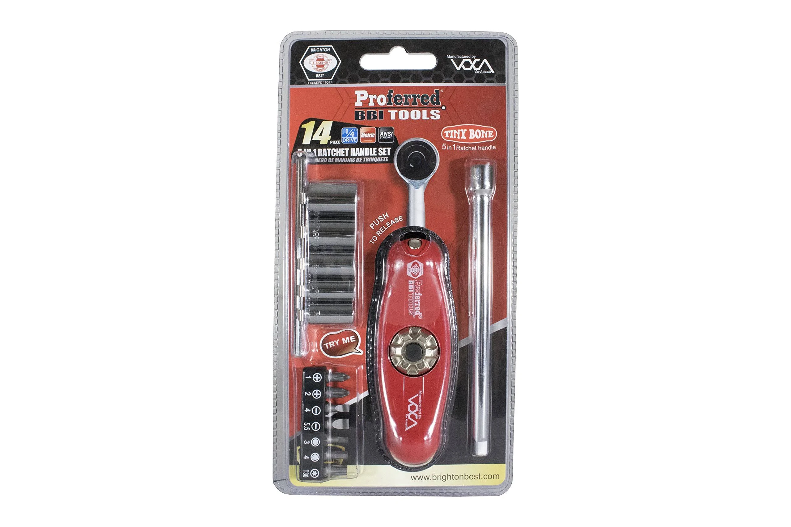 Proferred S39001 Tiny Bone 5 in 1 Ratchet Handle, 1/4" Drive (72 Teeth), Red and Silver