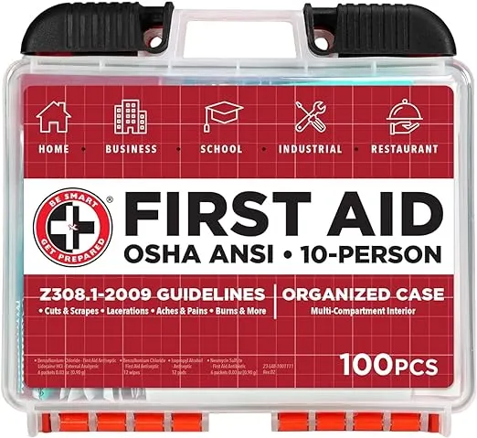 Be Smart Get Prepared 100 Piece First Aid Kit, Exceeds Osha ANSI Standards for 10 People Office, Home, Car, School, Em