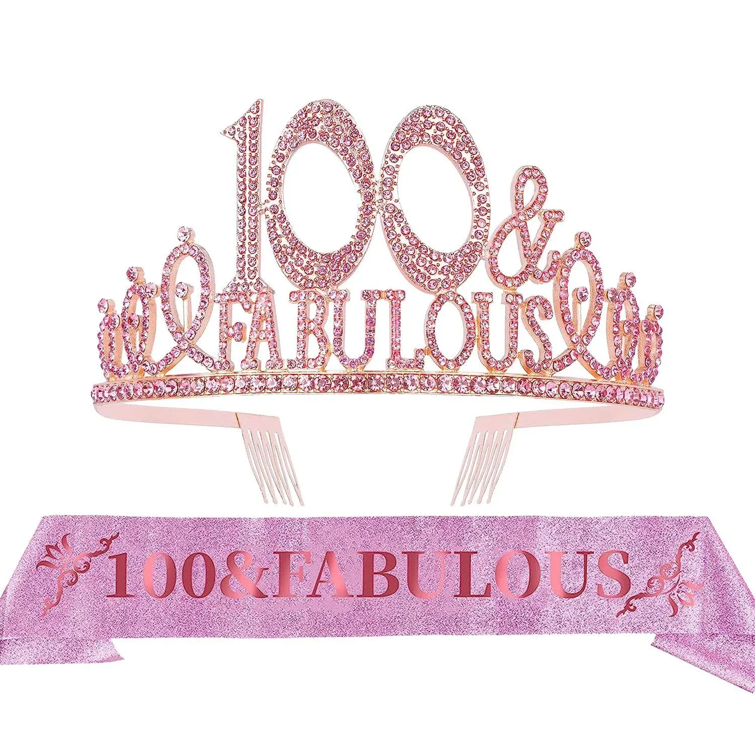 100th Birthday Sash and Tiara for Women - Fabulous Glitter Sash + Fabulous Rhinestone Gold Premium Metal Tiara for Her, 100th Birthday Gifts for 100 Celebration