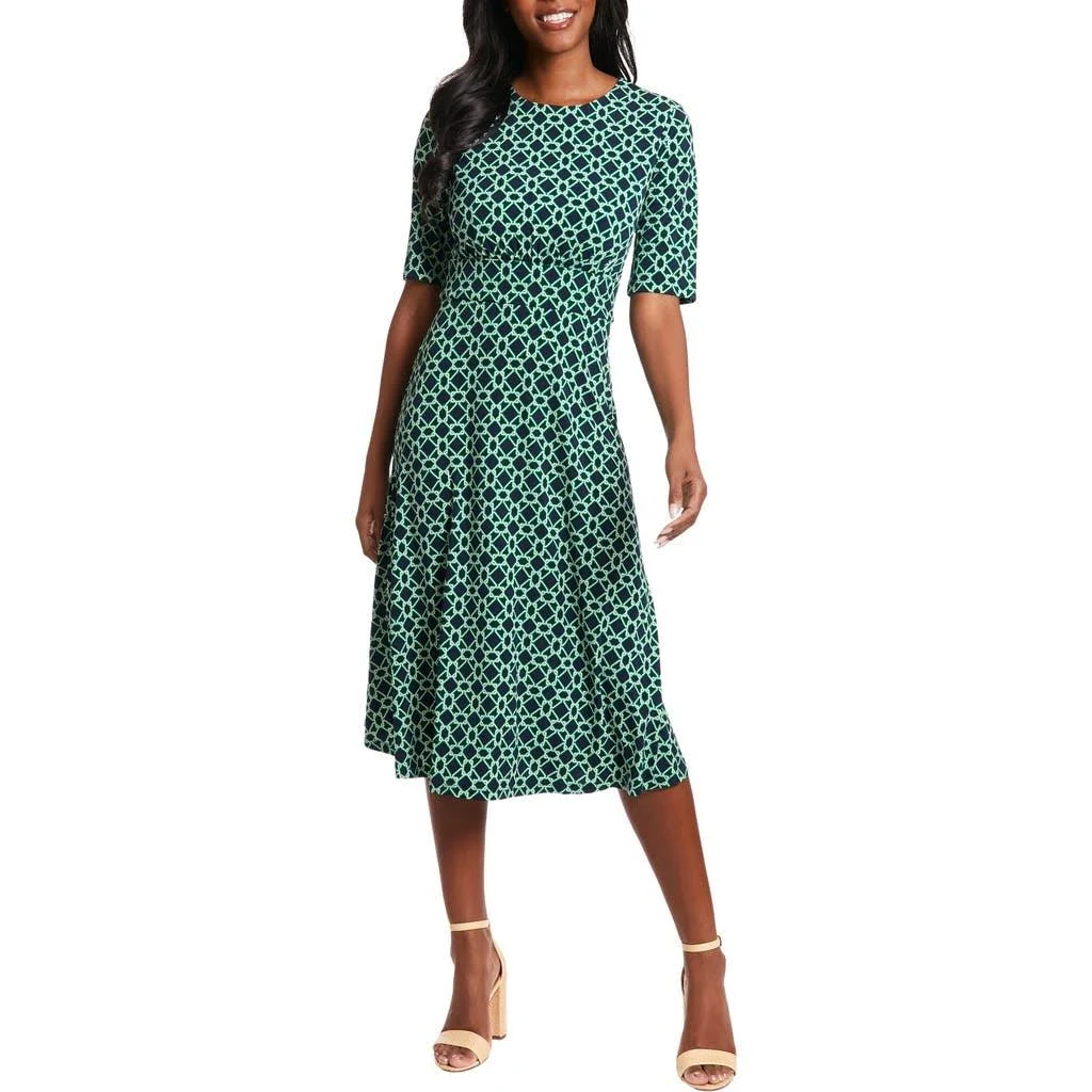 Geo Print Elbow Sleeve Fit & Flare Dress In Green/navy