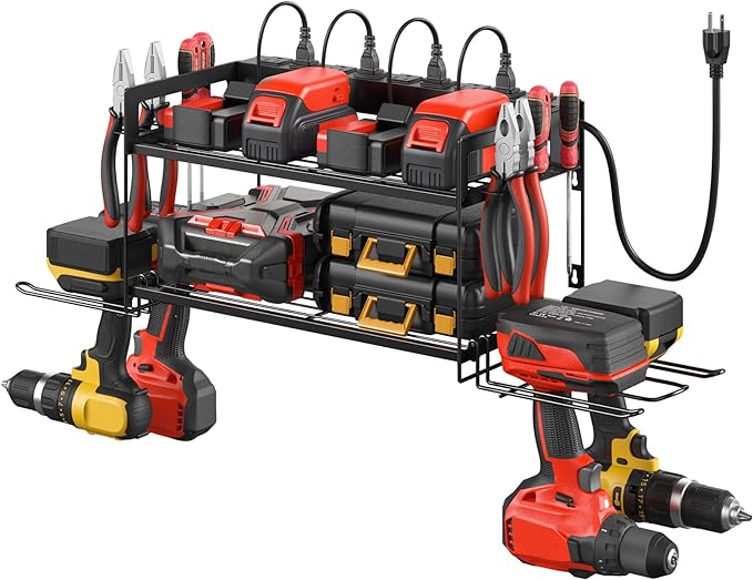 CCCEI Garage Tools Storage with Charging Station Power Tool Battery Organizer Utility Shelf Strip 4 Drills Holder Wall Mount at MechanicSurplus.com