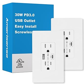 Amerisense 30W Pd3.0 USB Wall Outlet, 15 Amp Tamper-Resistant Receptacle with USB ...