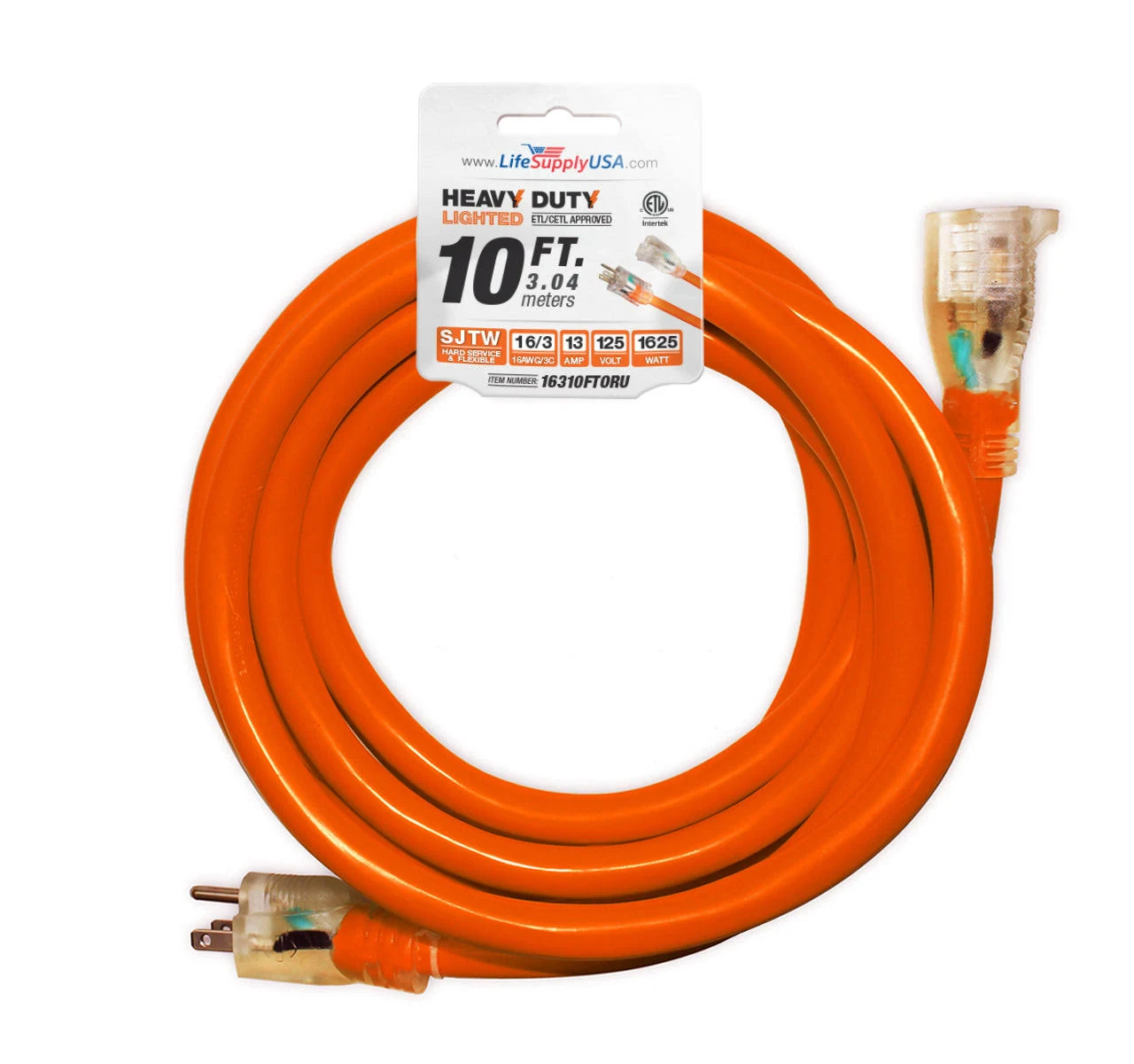 10ft Power Outdoor Extension Cord & Indoor - Waterproof Electric Drop Cord Cable - 3 Prong SJTW, 16 Gauge, 13 AMP, 125 Volts, 1625 Watts, 16/3 ETL Listed by LifeSupplyUSA - Orange (1 Pack)