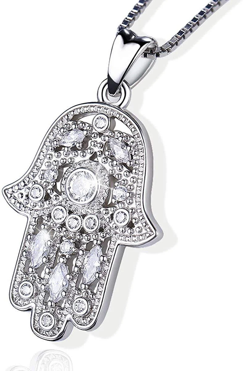 Aniu 925 Sterling Silver Necklace for Women, Hamsa Hand of Fatima Evil Eye Pendant with Cubic Zirconia, Comes with Black Jewelry