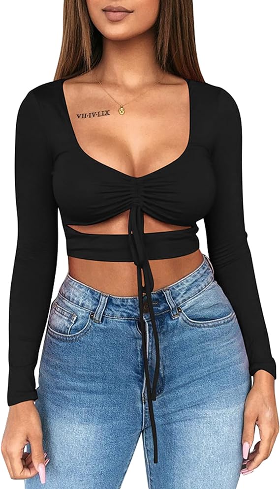 Mizoci Women&#x27;s\xa0Sexy Ruched Tie Up Crop Top