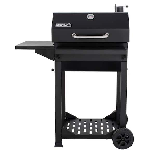 Cart-Style Charcoal Grill in Black with Side Shelf and Foldable Front Shelf