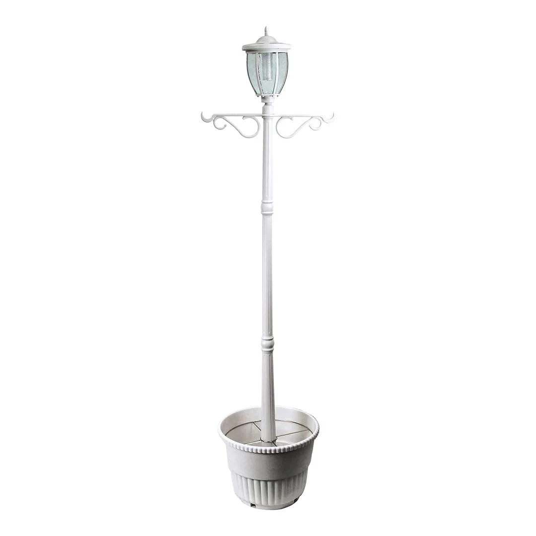 Sun-Ray Solar Lamp Post Light with Planter and Hanger, 7ft. Outdoor Single Head Solar Post Light for Patio, Driveway, Lawn or Garden, 80 Lumens, Kenwick Design in White