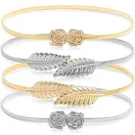 Juvale 4 Pack Women's Elastic Skinny Stretch Fashion Belts - Leaf & Rose Designs, Silver & Gold, 27 x 0.35 Inches