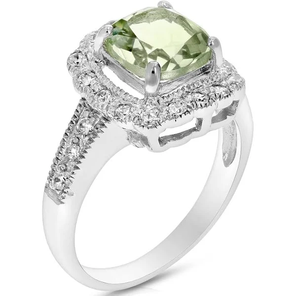 1 Cttw 7mm Green Amethyst Ring .925 Sterling Silver With Rhodium Cushion Cut In Grey