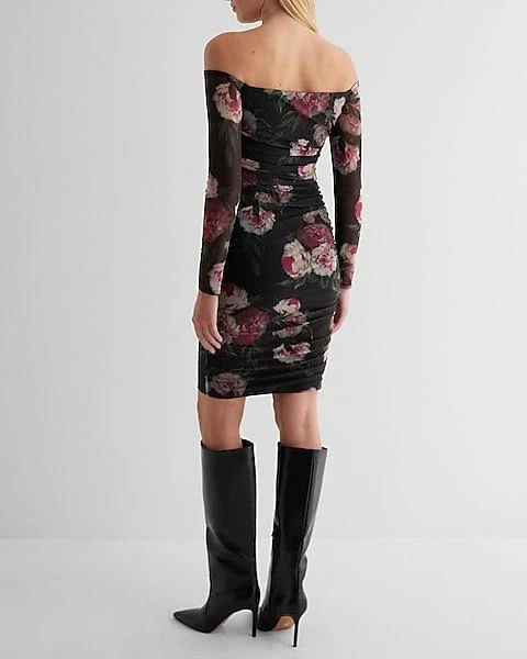 Express Date Night,Cocktail & Party Bodycon Mesh Floral Off The Shoulder Ruched ...