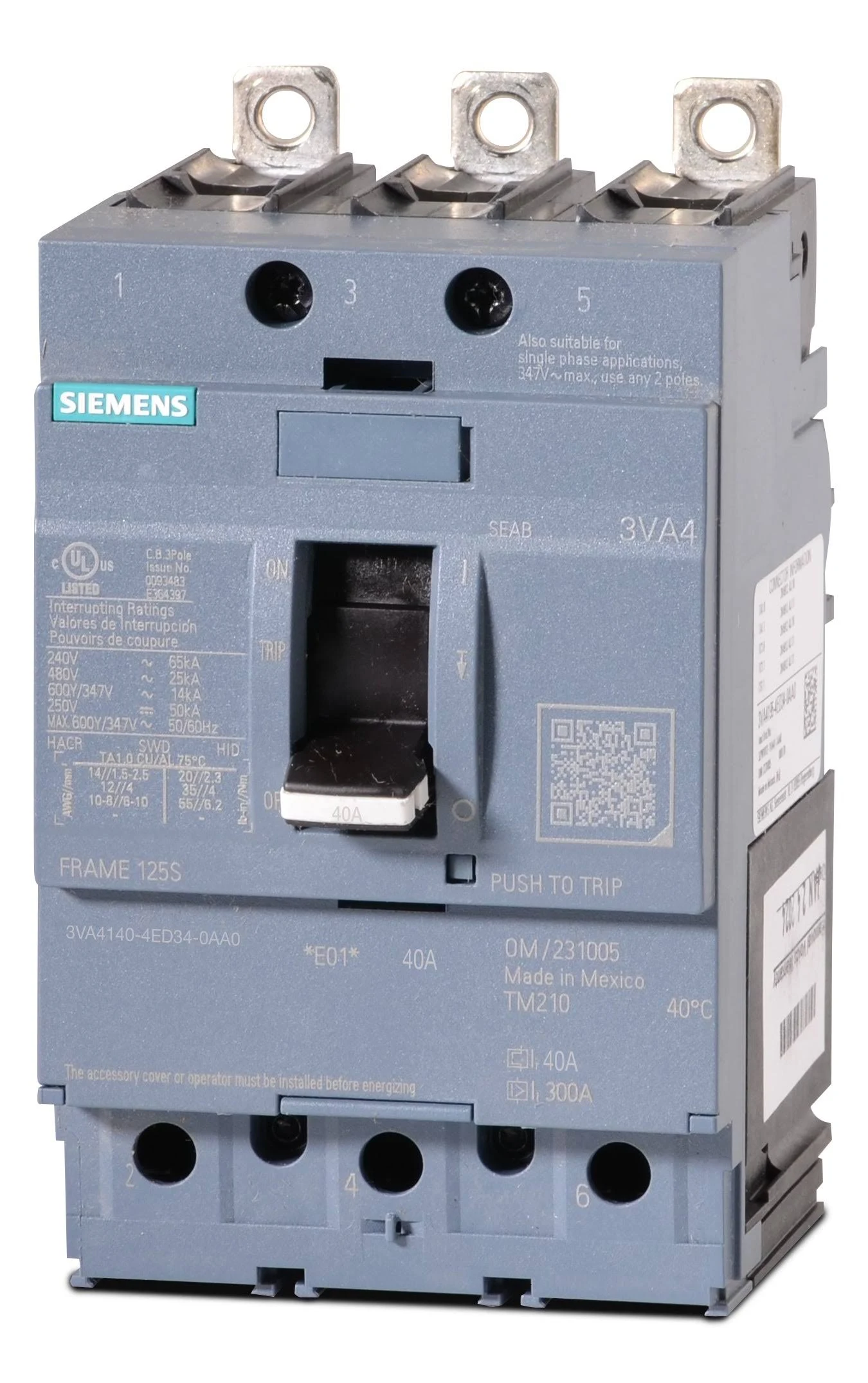 SIEMENS  3VA4140-4ED34-<wbr/>0AA0  ,CIRCUIT BREAKER,  3P/40A /480V   New Pull Out