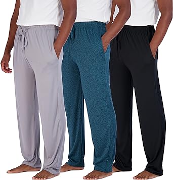 Real Essentials 3 Pack: Men's Soft Pajama Lounge Pants with Drawstring & Pockets ...