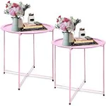 Garden 4 You End Table 2 Pcs Metal Side Table Pink Round Folding Tray Cyan Sofa Small Accent Fold-able Table, Round End Table Tray, Next to Sofa