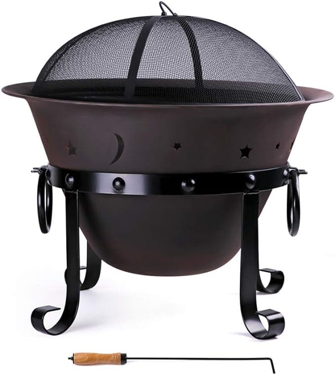 Cast Iron Fire Pits, Outdoor Round Wood Burning Fire Pit Bowl with Mesh Screen,Fireplace Poker,29 inch cast Iron Black