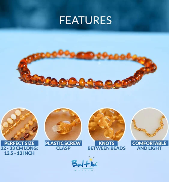 Amber Necklace (Baroque Polished Cognac) Certified as 100% Authentic Baltic Amber.