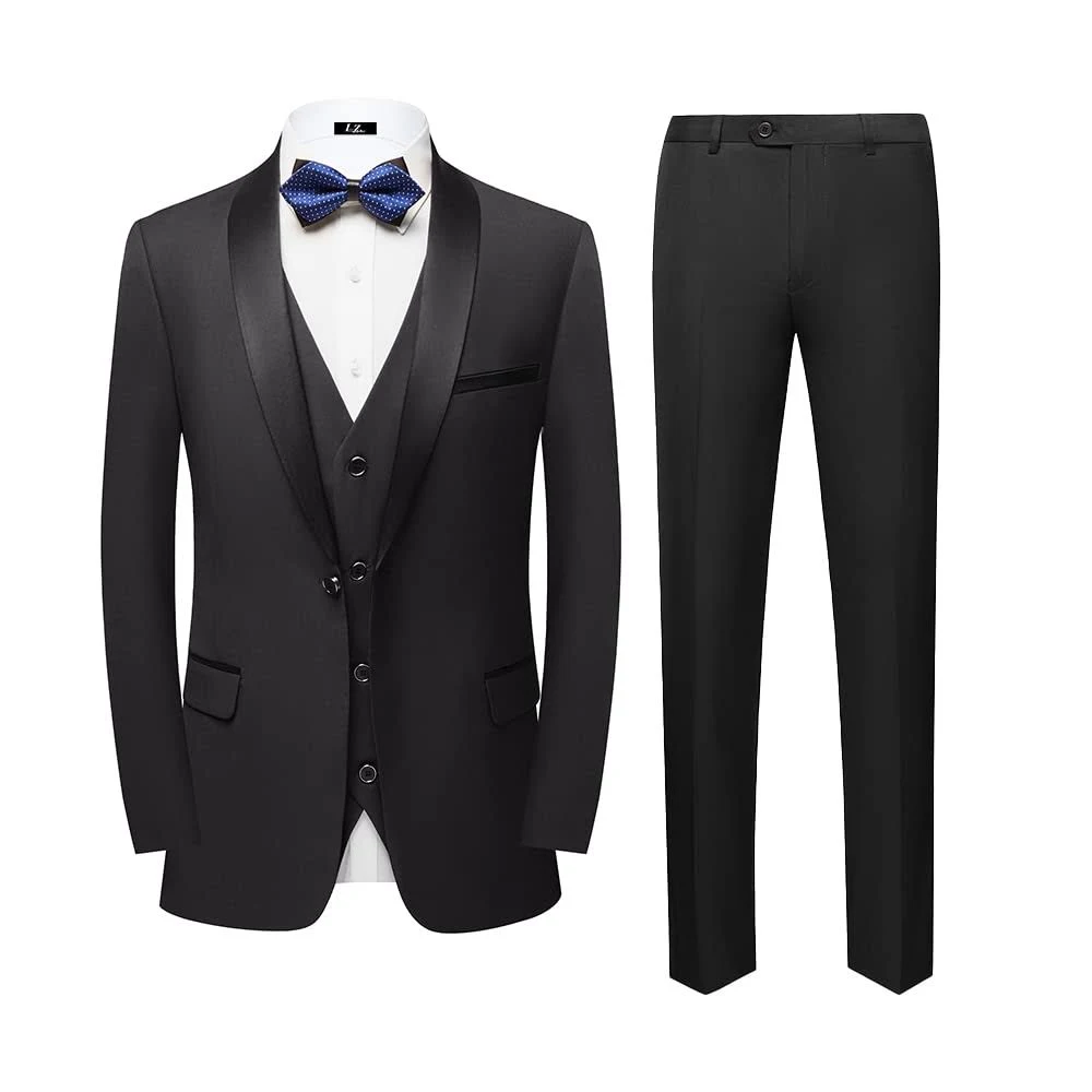 LiveZou Mens Formal Tuxedo 3 Piece Slim Fit Vest Sets Trouser Coat Suit Black Medium