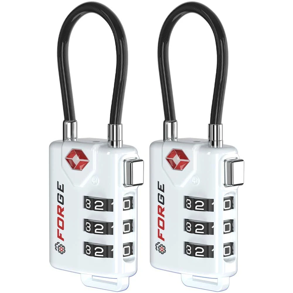 TSA Approved Cable Luggage Locks, Re-settable Combination with Alloy Body(White 2 Locks)