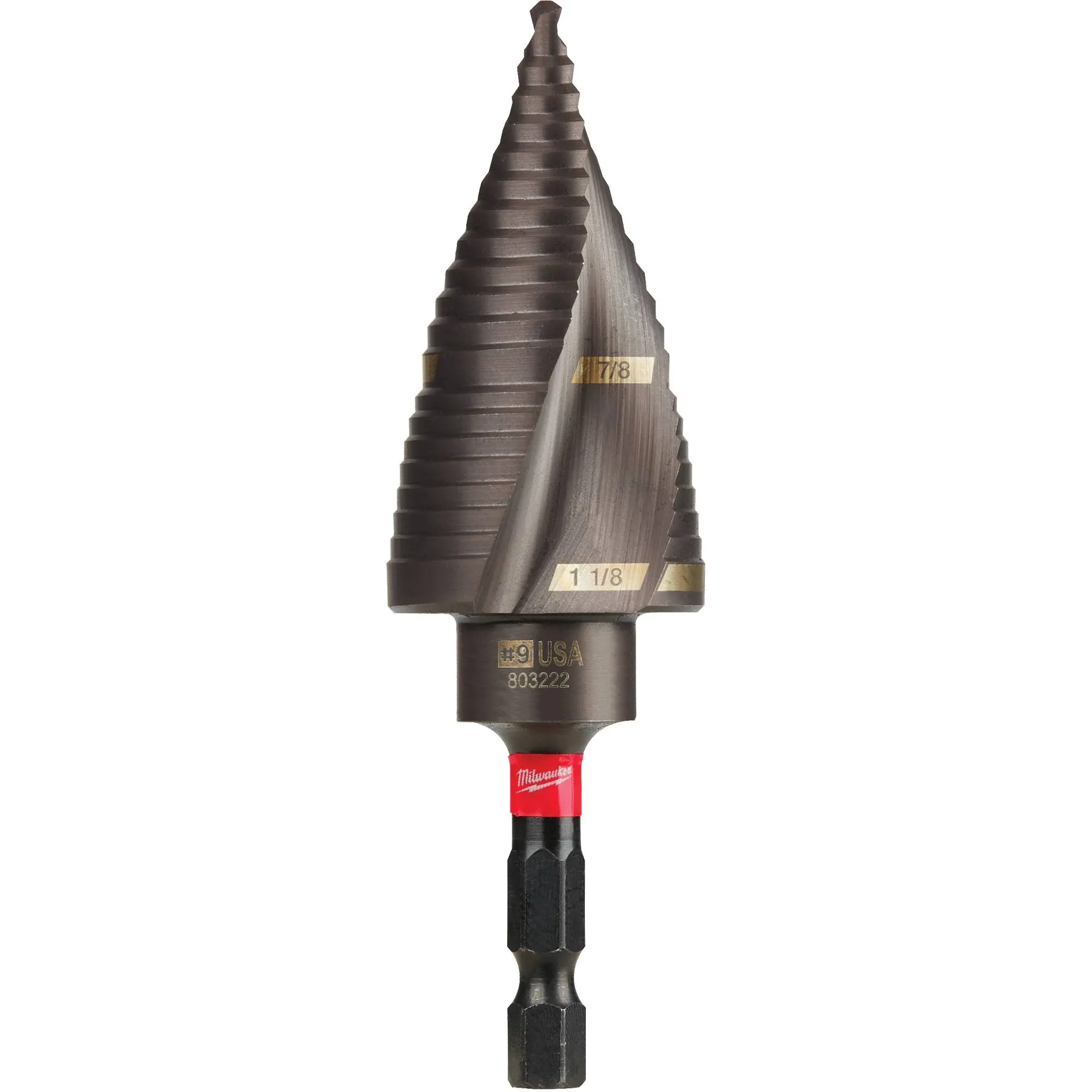 Milwaukee 48-89-9249 SHOCKWAVE Impact Duty Step Drill Bit, 7/8 to 1-1/8 in Dia, Spiral Flute, 2-Flute, Hex Shank Titanium Aluminum Nitride