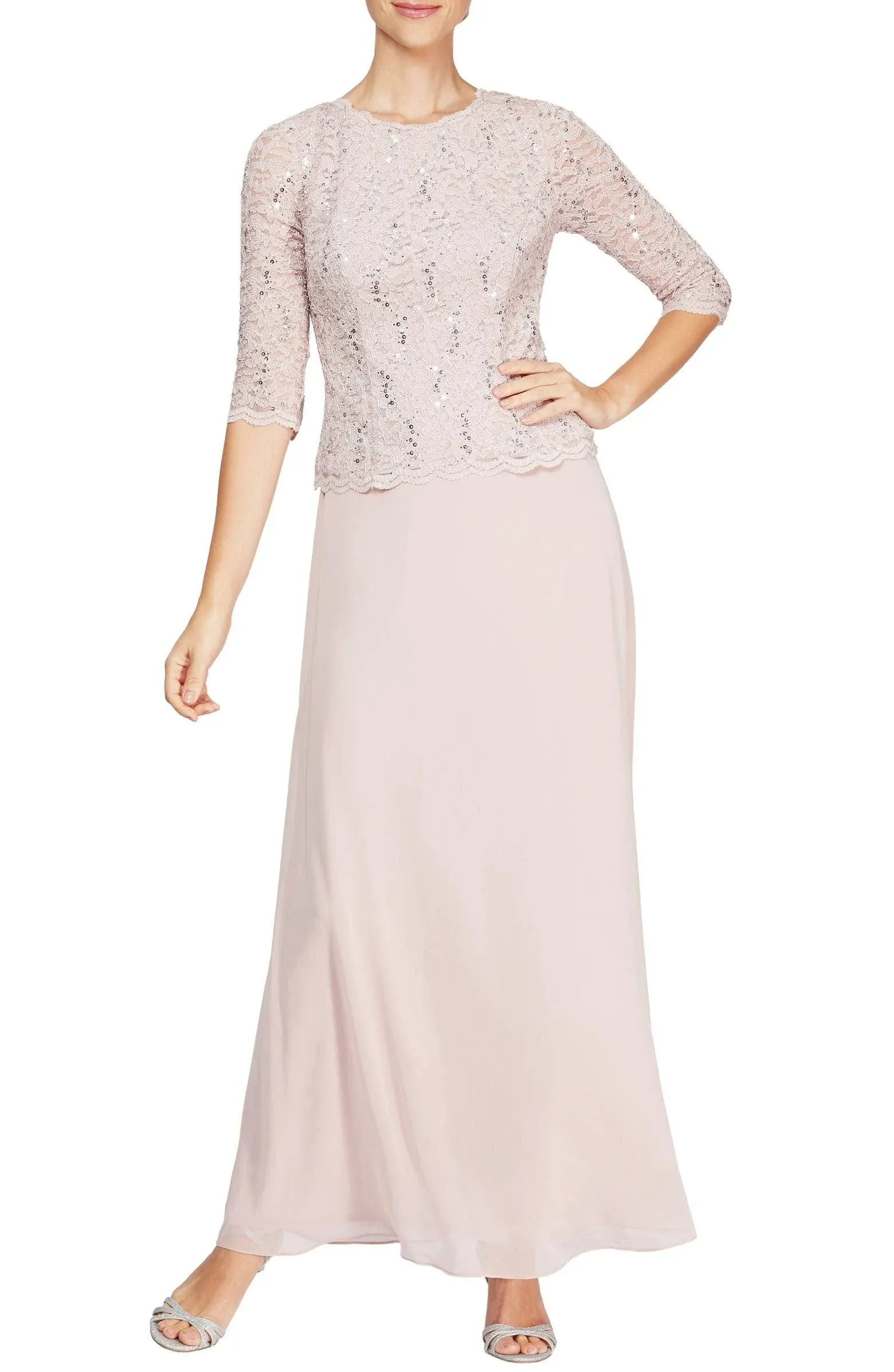 Alex Evenings Women's 3/4 Sleeve Stretch Lace Bodice Mock One Piece Gown