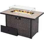 43 in. Aluminum Wicker Propane Gas Fire Pit Table, 50000 BTU, Brown