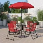 Flash Furniture Nantucket 6-Piece Patio Garden Table Set with Umbrella and 4 Folding Chairs