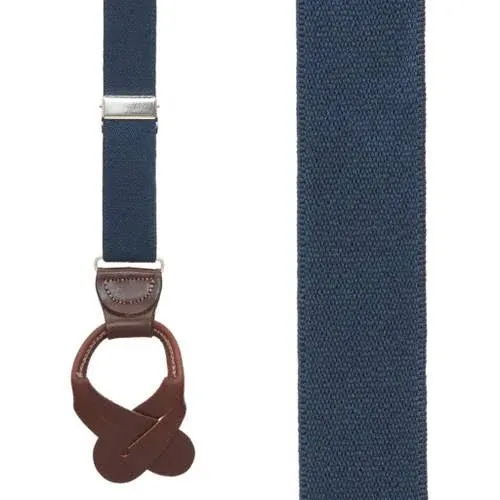 1.25 Inch Wide Button Suspenders - NAVY BLUE (Brown Leather)