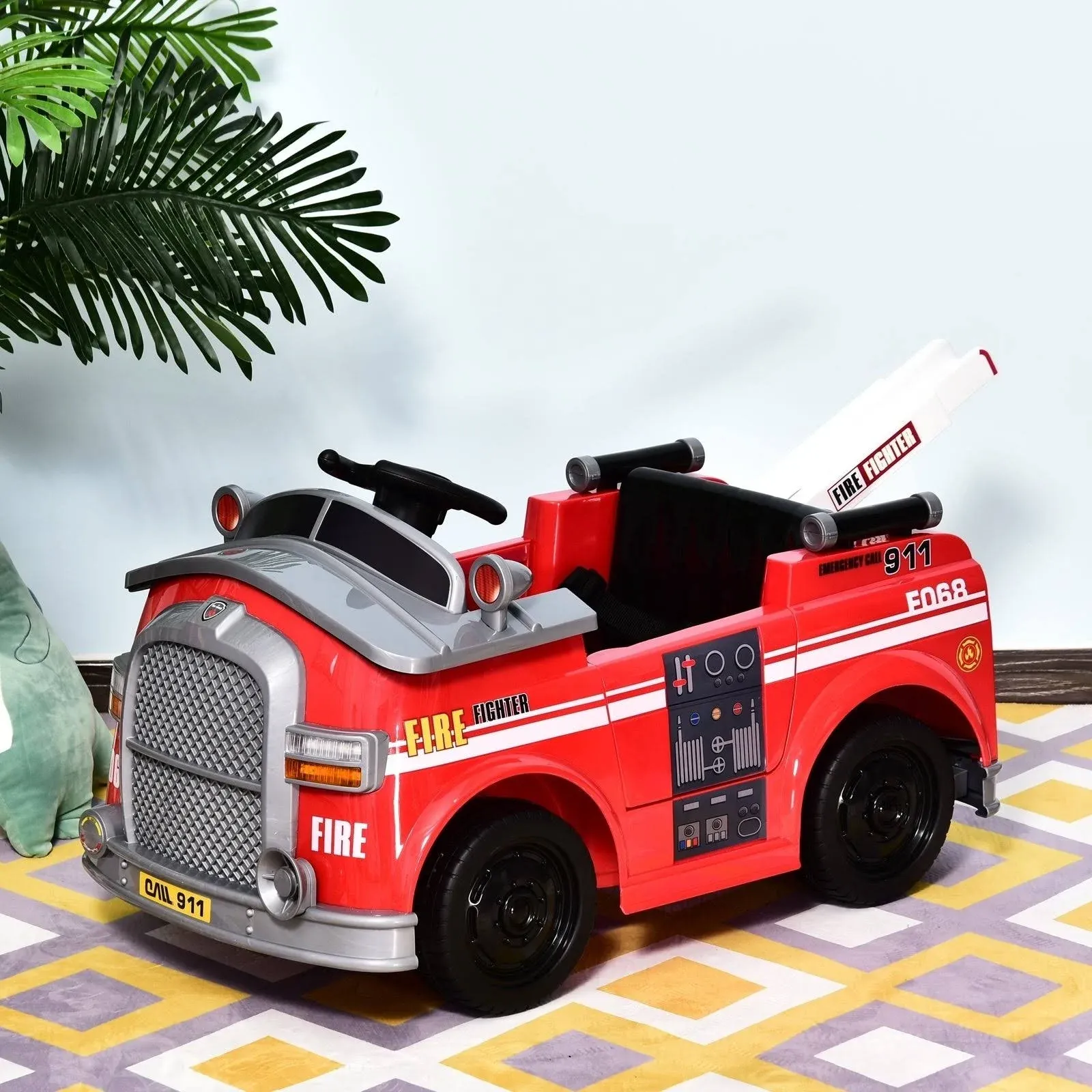 Aosom 6V Electric Ride-On Fire Truck Vehicle for Kids with Remote Control, Music, Lights, and Ladder