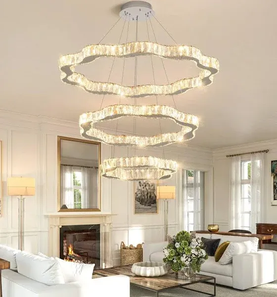 3 Rings Chandeliers Modern for Living Room Crystal Flsuh Mount Ceiling Pendan...