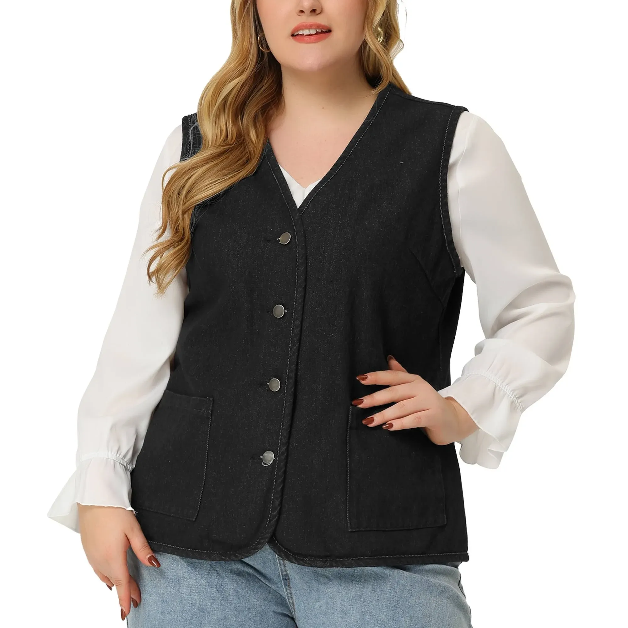 Agnes Orinda Women's Plus Size Sleeveless Denim Button Down V Neck Jean Vest Black 4X