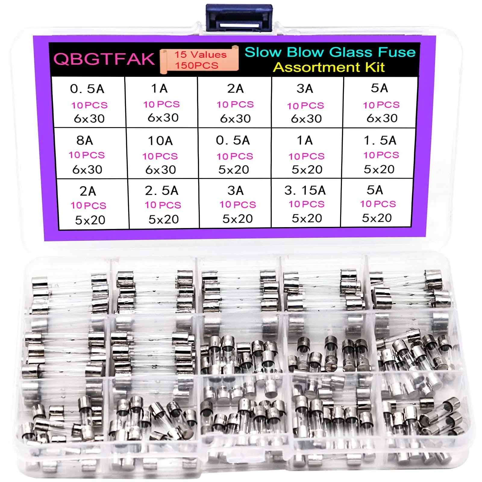 QBGTFAK 15 Values150pcs Slow Blow Glass Fuses Assorted Kit 6x30mm, 250V 0.5A, 1A